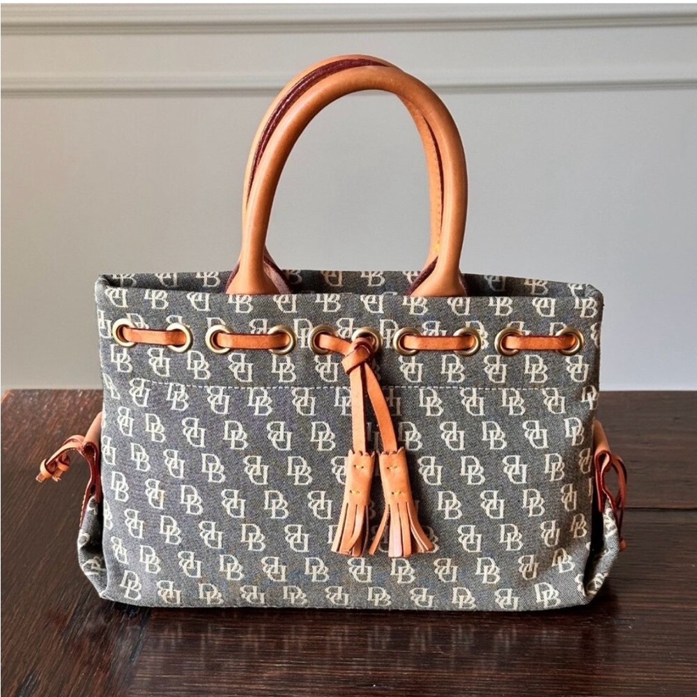 Dooney & Bourke Gray Monogram Satchel with Tan Leather Trim - Picture 2 of 5